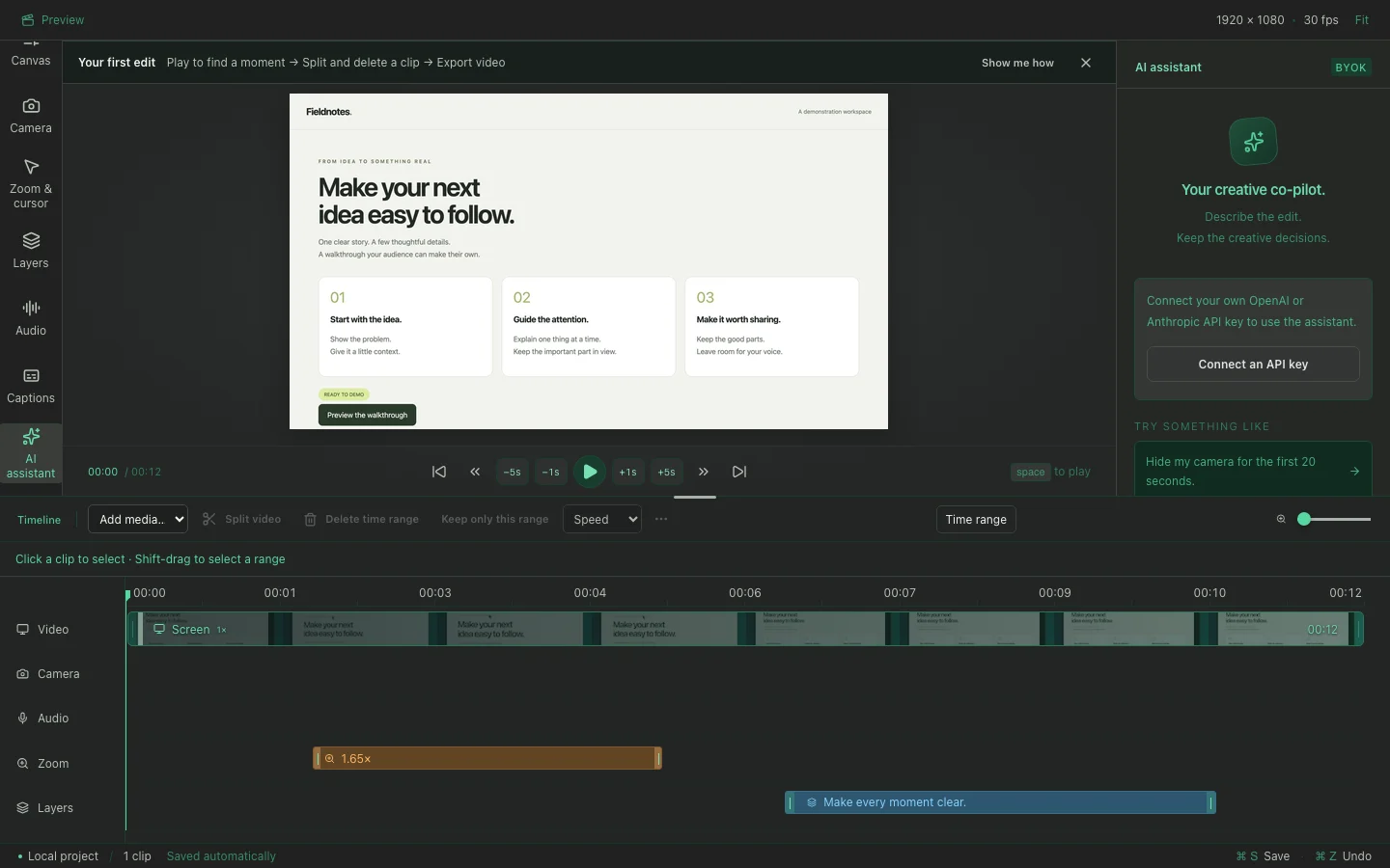Recora Screen AI assistant panel beside the visual timeline