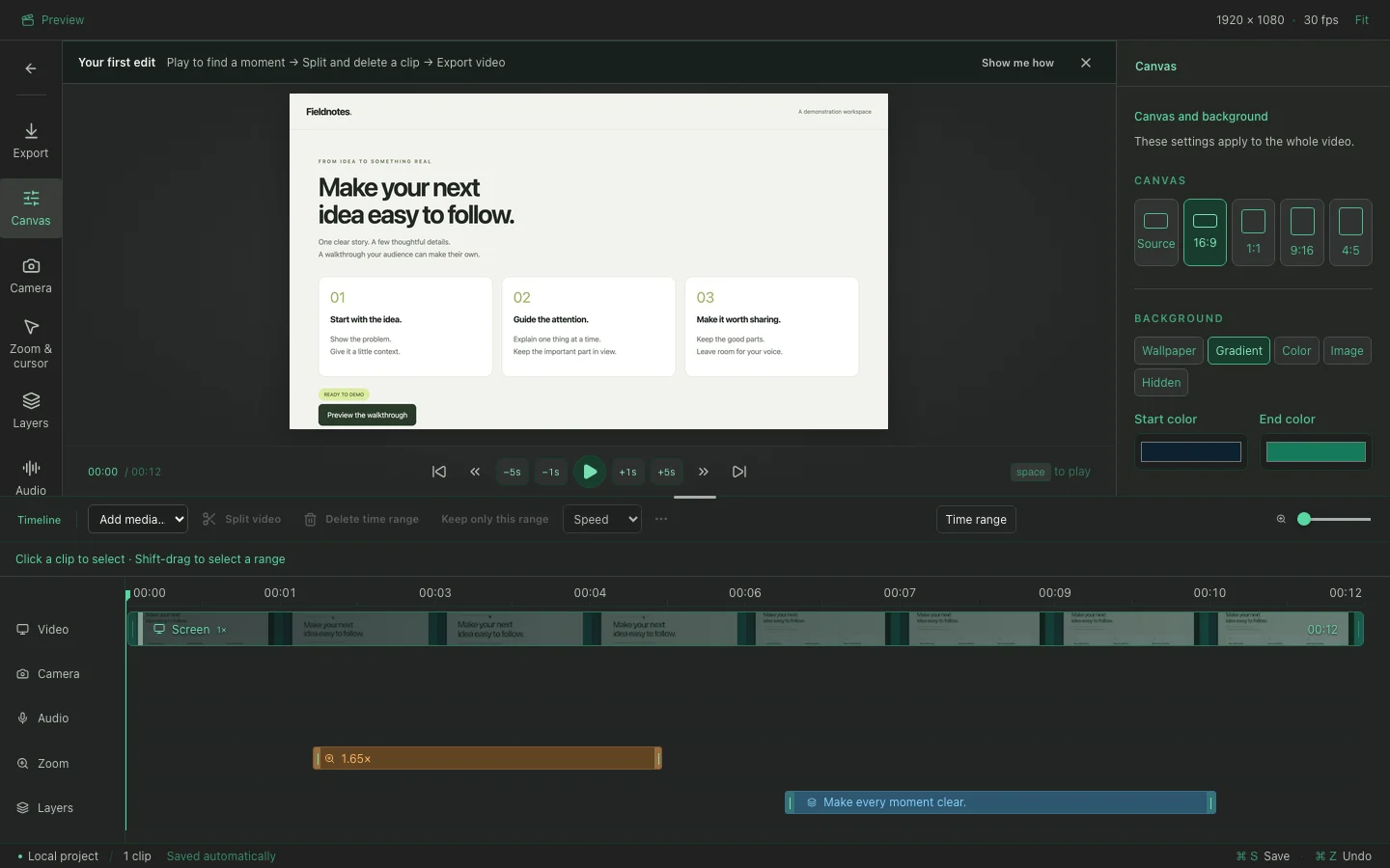 Recora Screen editor with a video filmstrip, editable zoom and timed text layer