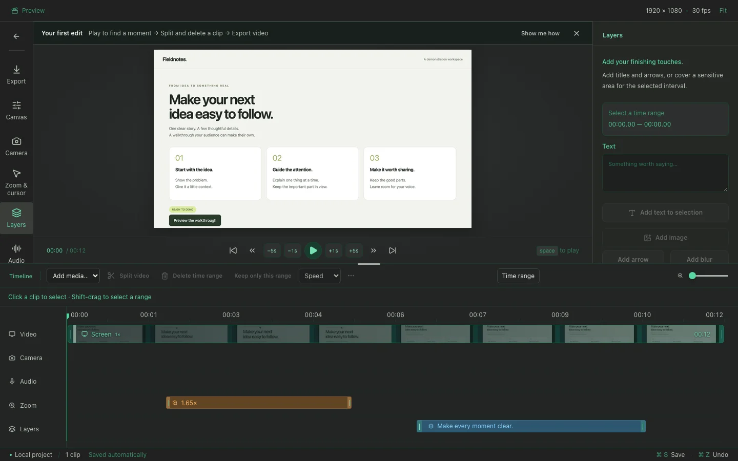 Layer controls and a timed text layer in the Recora Screen timeline