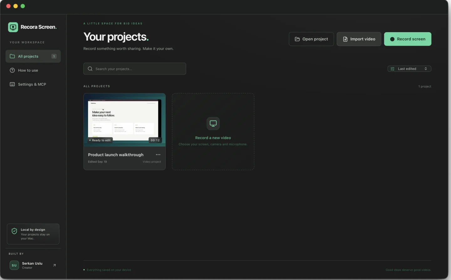 Recora Screen local project library with one clean demonstration project